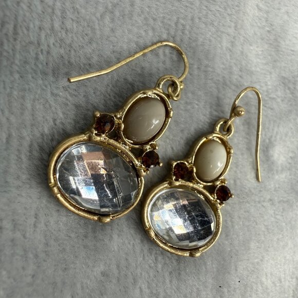 Gold-Tone Dangle Earrings With Faceted Clear & Cream Stones Pierced Womens - Picture 6 of 13